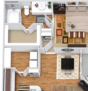 Longhorn with Fenced-in Yard Longhorn with Fenced-in Yard 3D. 1 bedroom apartment. Kitchen with island open to living/dinning rooms. 1 full bathroom. Walk-in closet. Patio/balcony open to yard.